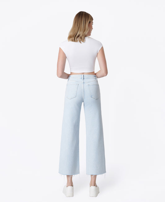 Back product images of Gainfully - High Rise Clean Cut Raw Hem Wide Flare Jeans