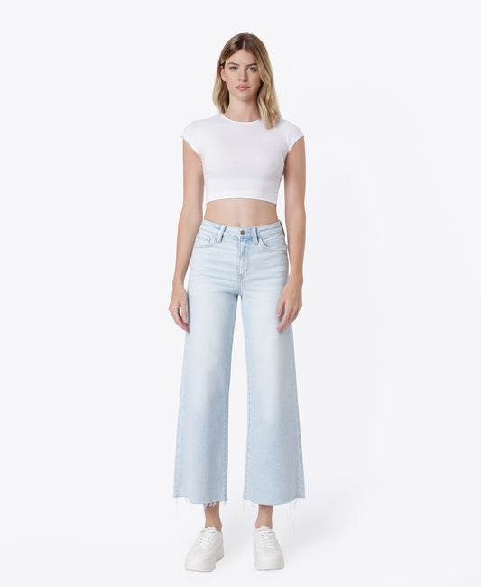 Front product images of Gainfully - High Rise Clean Cut Raw Hem Wide Flare Jeans
