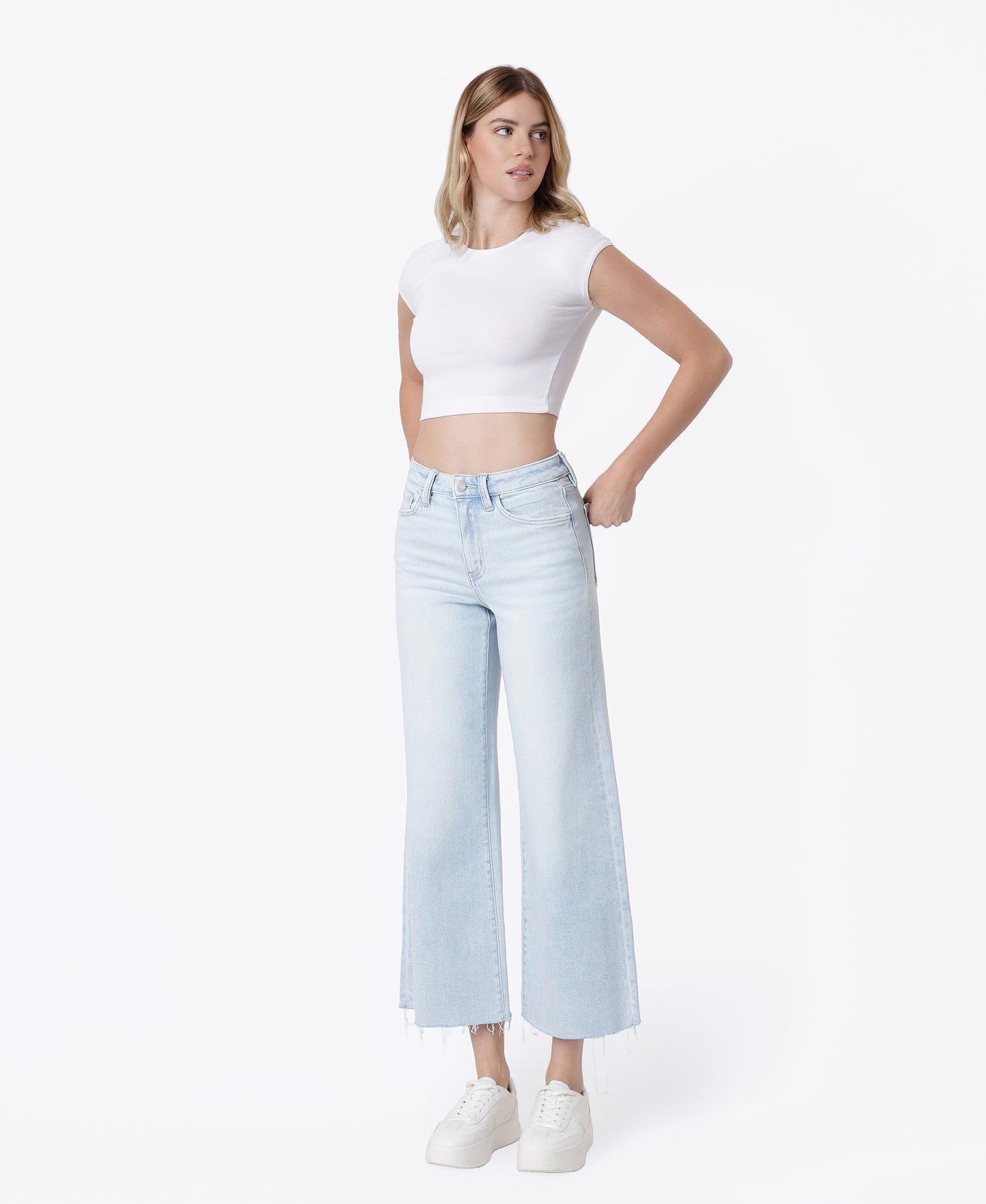 Left 45 degrees product image of Gainfully - High Rise Clean Cut Raw Hem Wide Flare Jeans