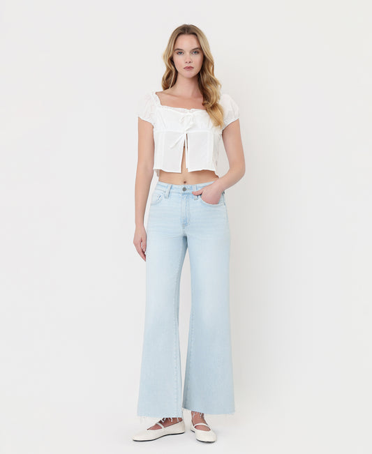 Front product images of Gainfully - High Rise Clean Cut Raw Hem Wide Flare Jeans
