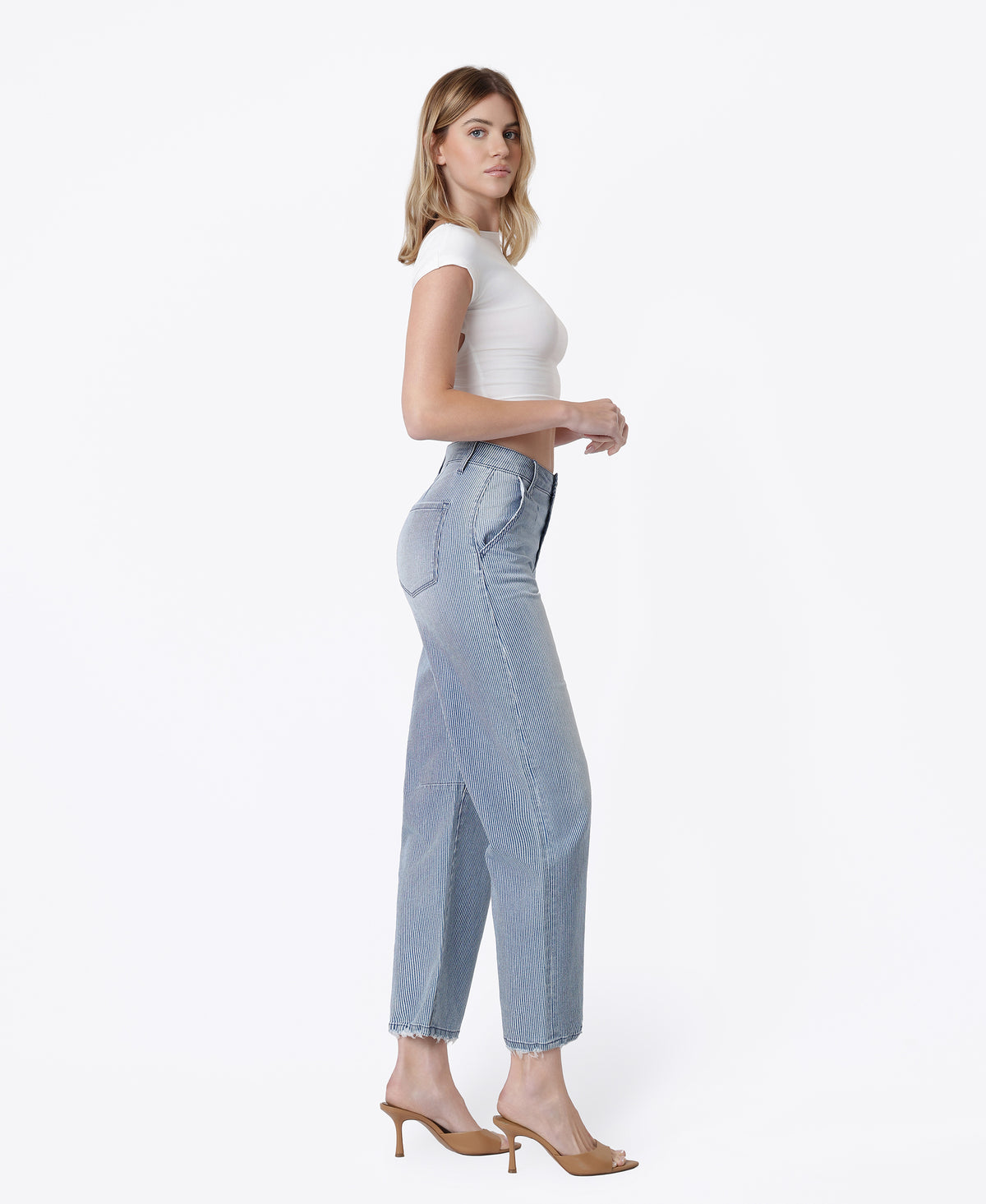 Right side product images of Stripe - High Rise Button Up Fly Striped Barrel Jeans