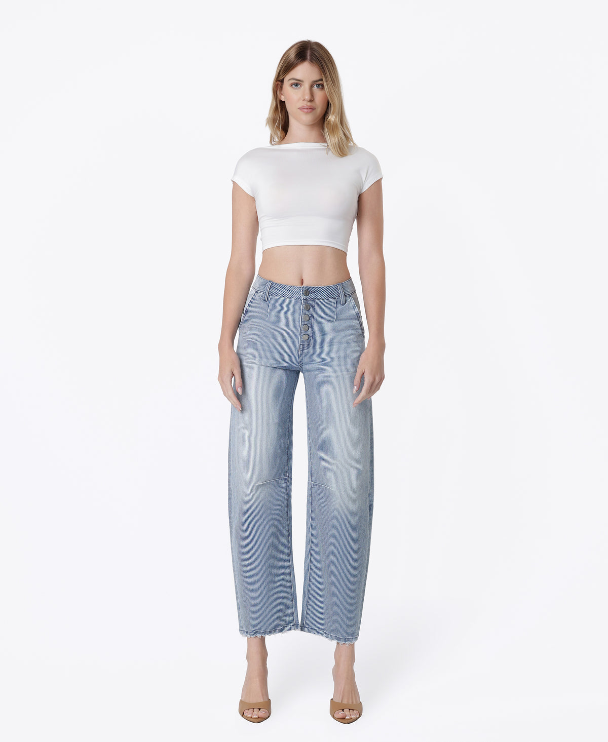 Front product images of Stripe - High Rise Button Up Fly Striped Barrel Jeans