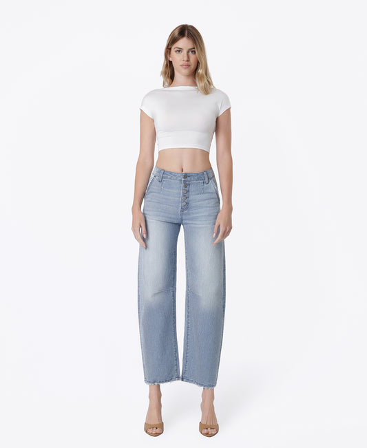Front product images of Stripe - High Rise Button Up Fly Striped Barrel Jeans