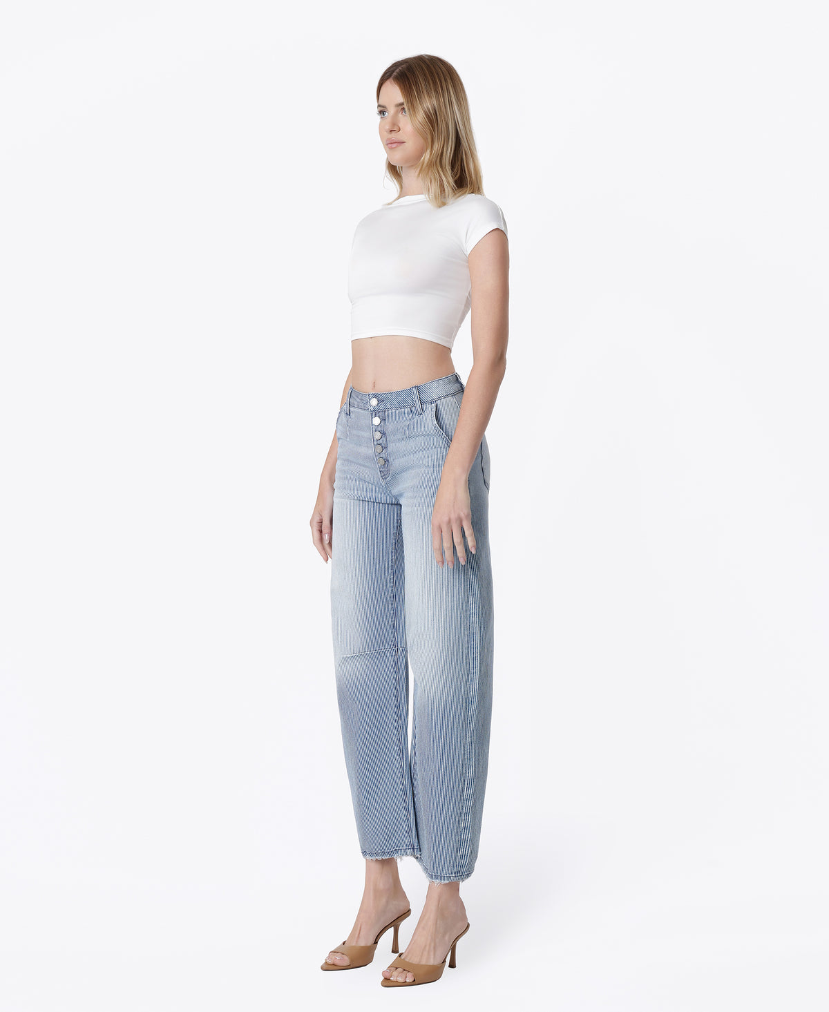 Left 45 degrees product image of Stripe - High Rise Button Up Fly Striped Barrel Jeans