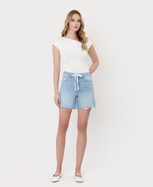 Front product images of Morning Train - Super High Rise Drawstring Midi Denim Shorts