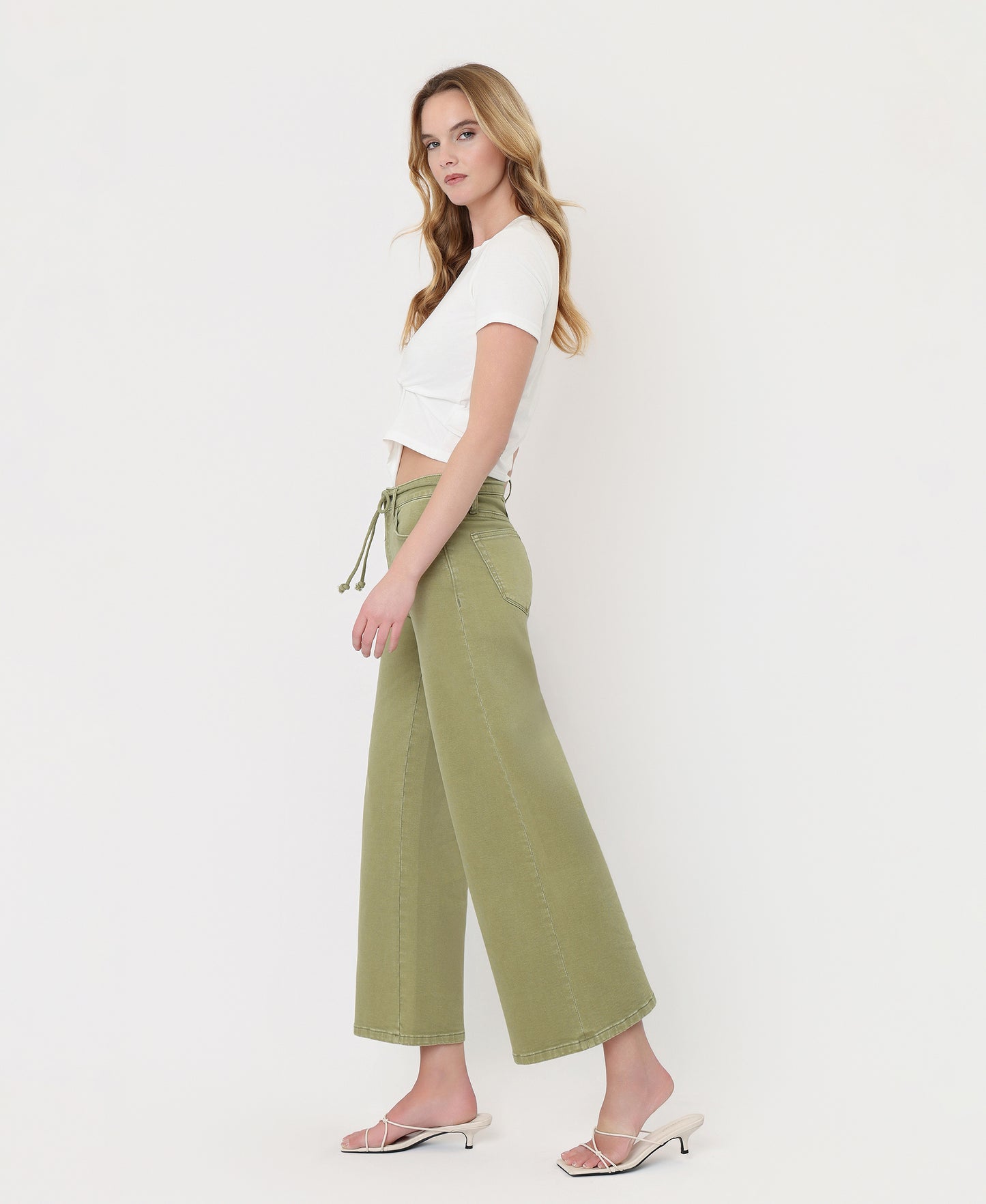 Left side product images of Eucalyptus - High Rise Drawstring Crop Wide Leg Jeans