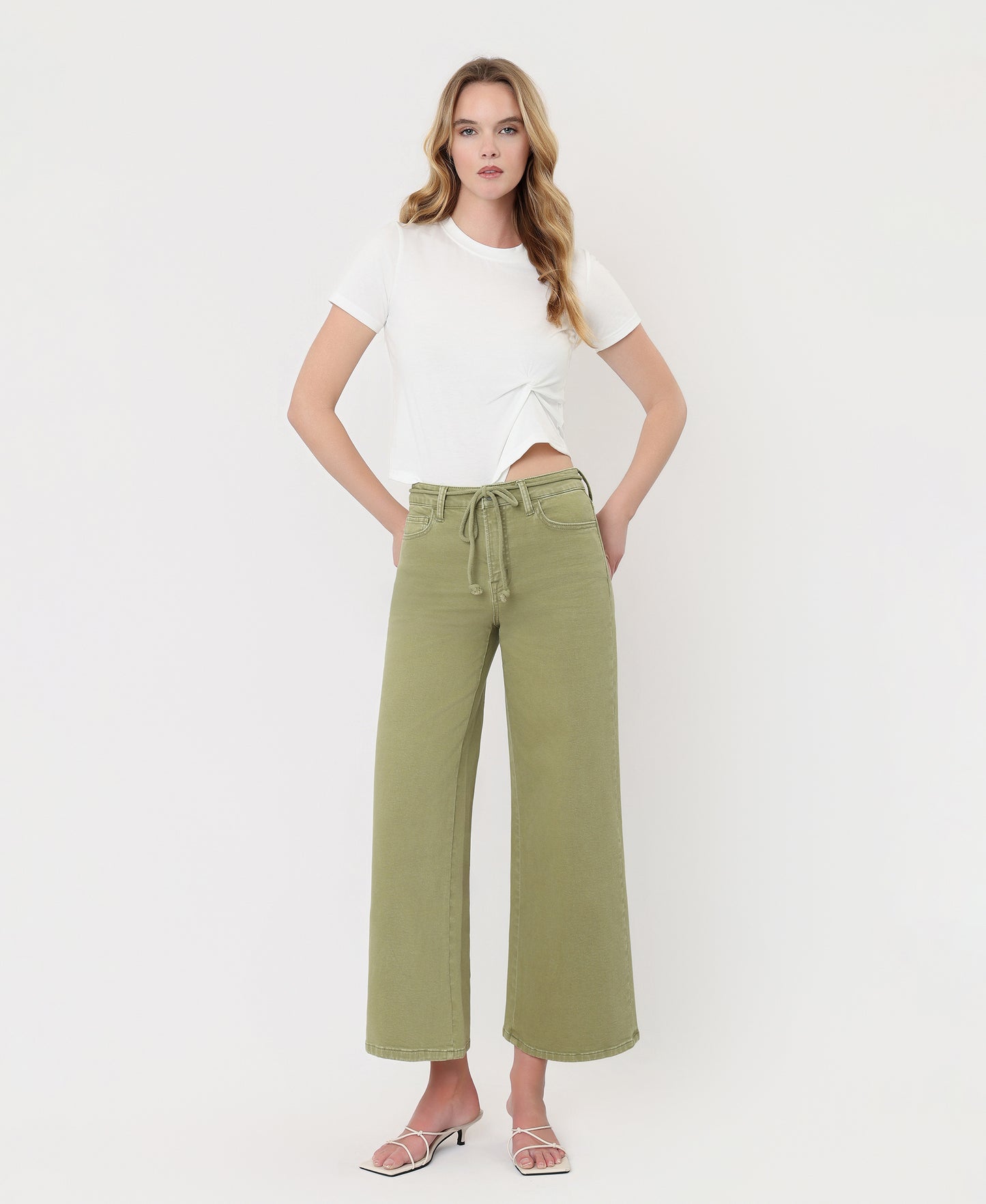 Front product images of Eucalyptus - High Rise Drawstring Crop Wide Leg Jeans