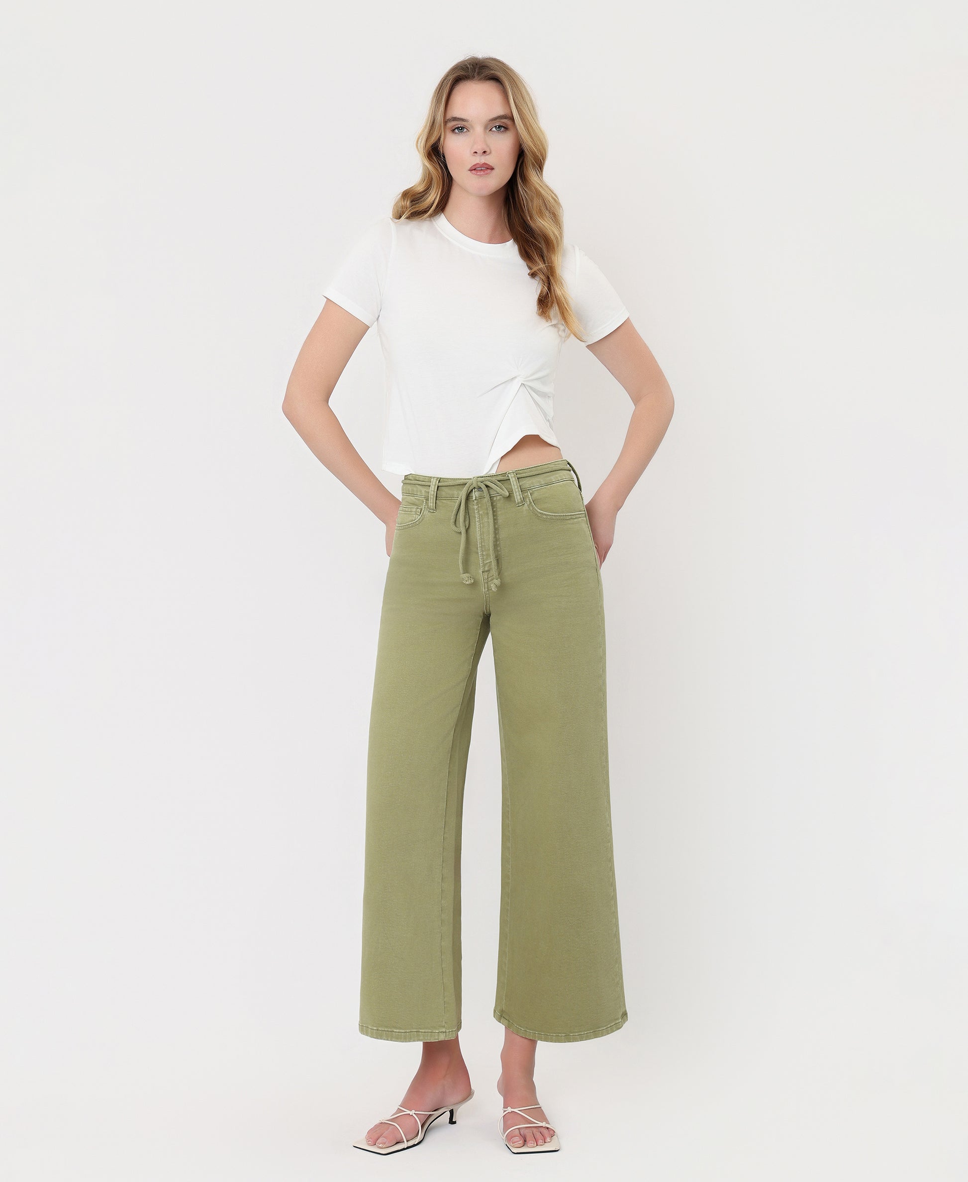 Front product images of Eucalyptus - High Rise Drawstring Crop Wide Leg Jeans