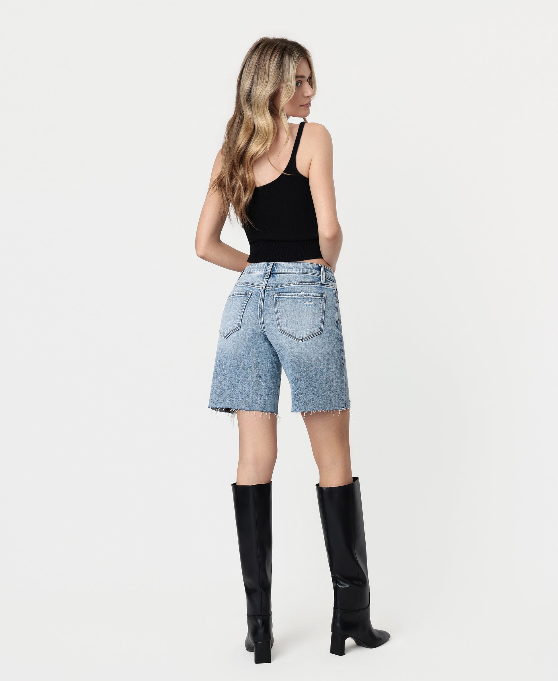 Back product images of Eminence - Mid Rise Distressed Raw Hem Denim Jorts