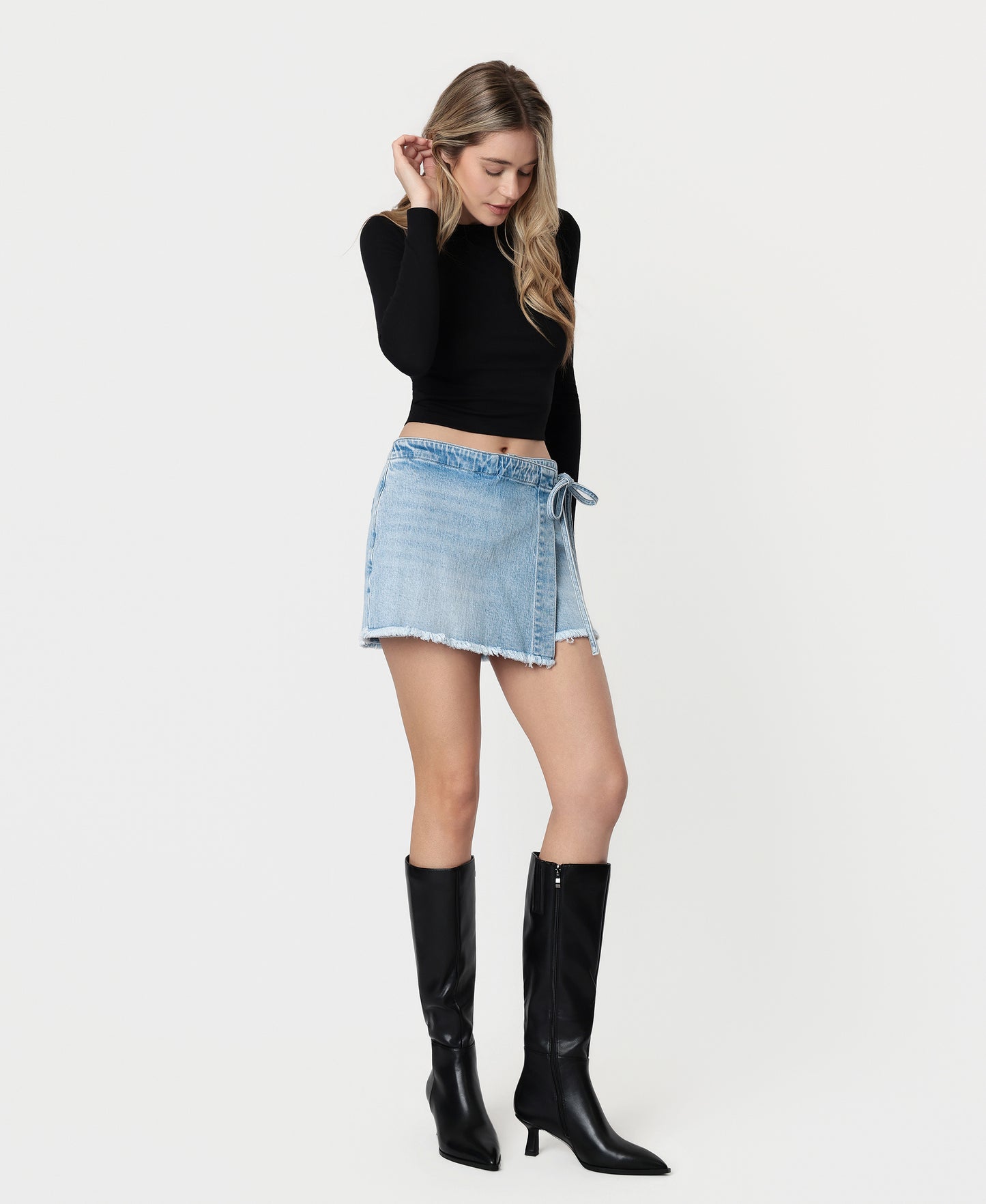 Right 45 degrees product image of Nourishing - High Rise Frayed Hem Waist Tie Wrap Denim Skorts