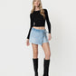 Front product images of Nourishing - High Rise Frayed Hem Waist Tie Wrap Denim Skorts