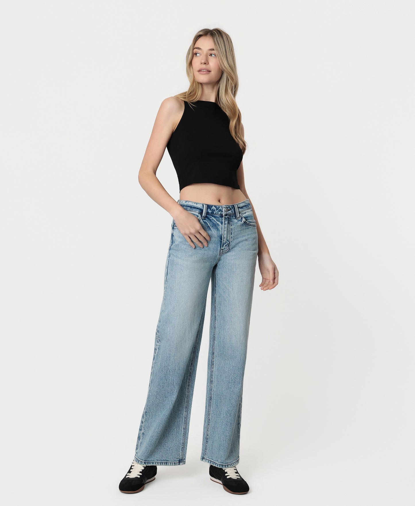 Right 45 degrees product image of Fun Day - High Rise Full Length Tinted Wide Leg Jeans