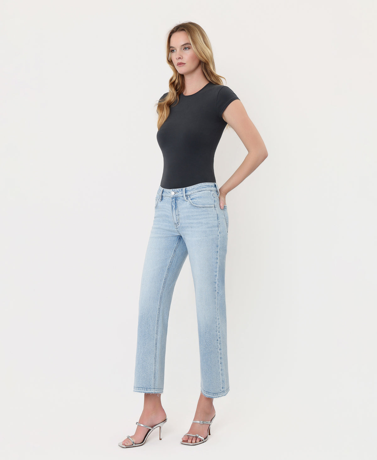 Left 45 degrees product image of Swanky - Mid Rise Crop Slim Wide Leg Jeans