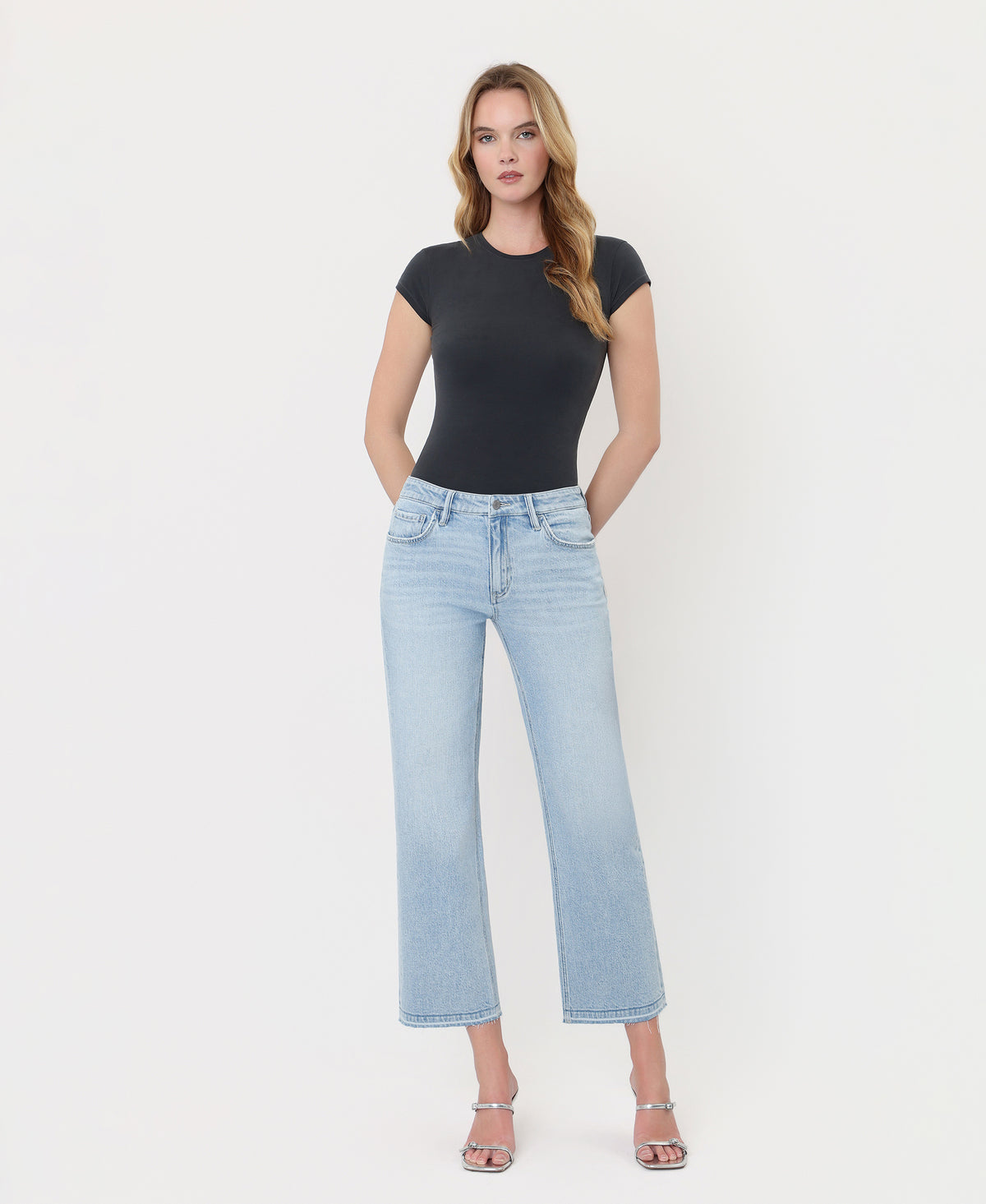 Front product images of Swanky - Mid Rise Crop Slim Wide Leg Jeans