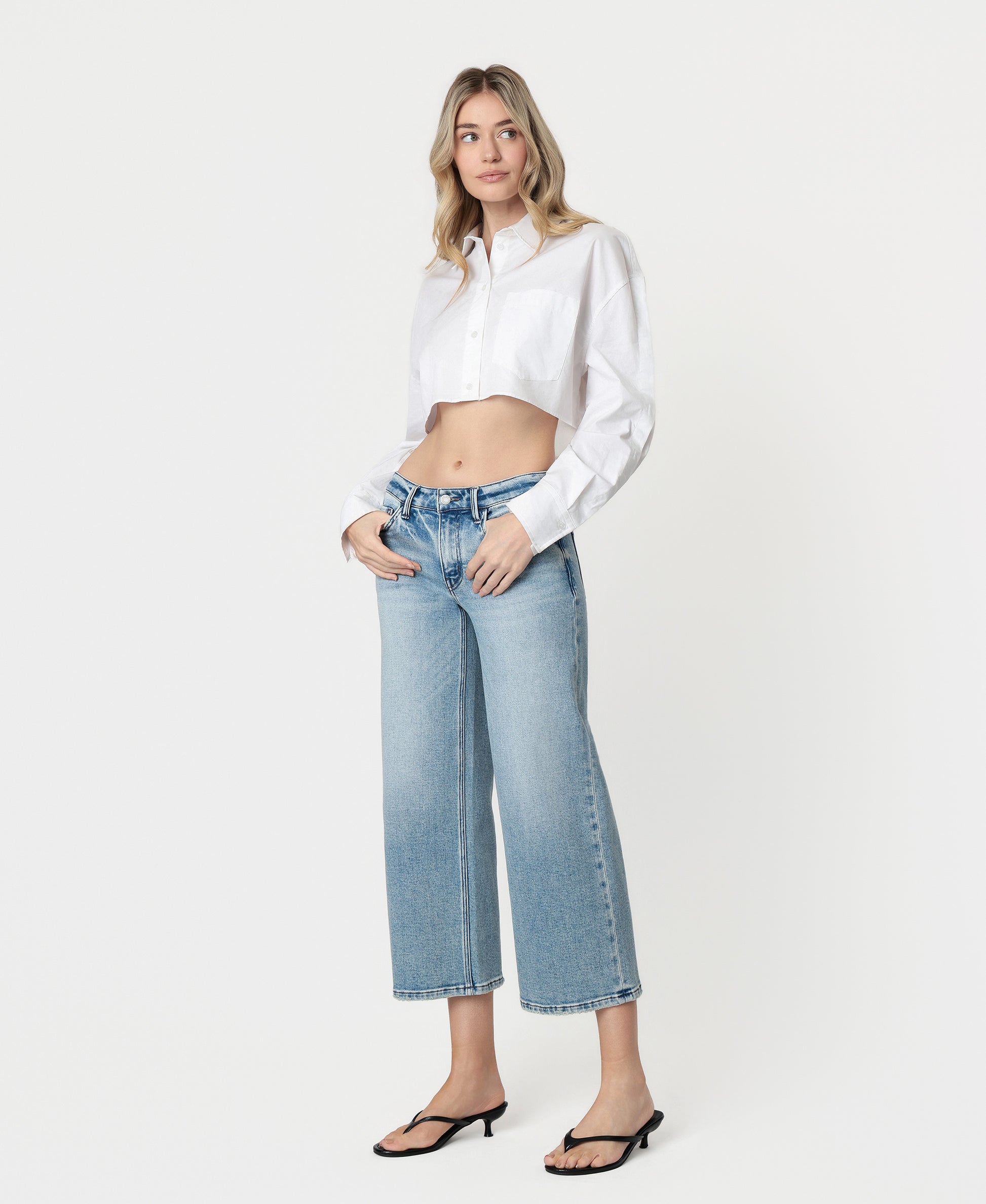Left 45 degrees product image of Focused - Low Rise Tinted Crop Wide Leg Jeans