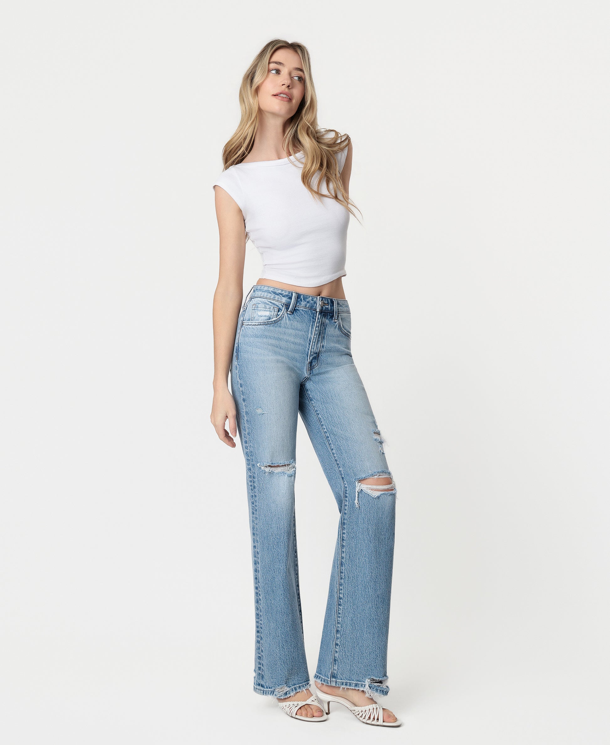 Right 45 degrees product image of Beautiful Day - Super High Rise Distressed Vintage Flare Jeans