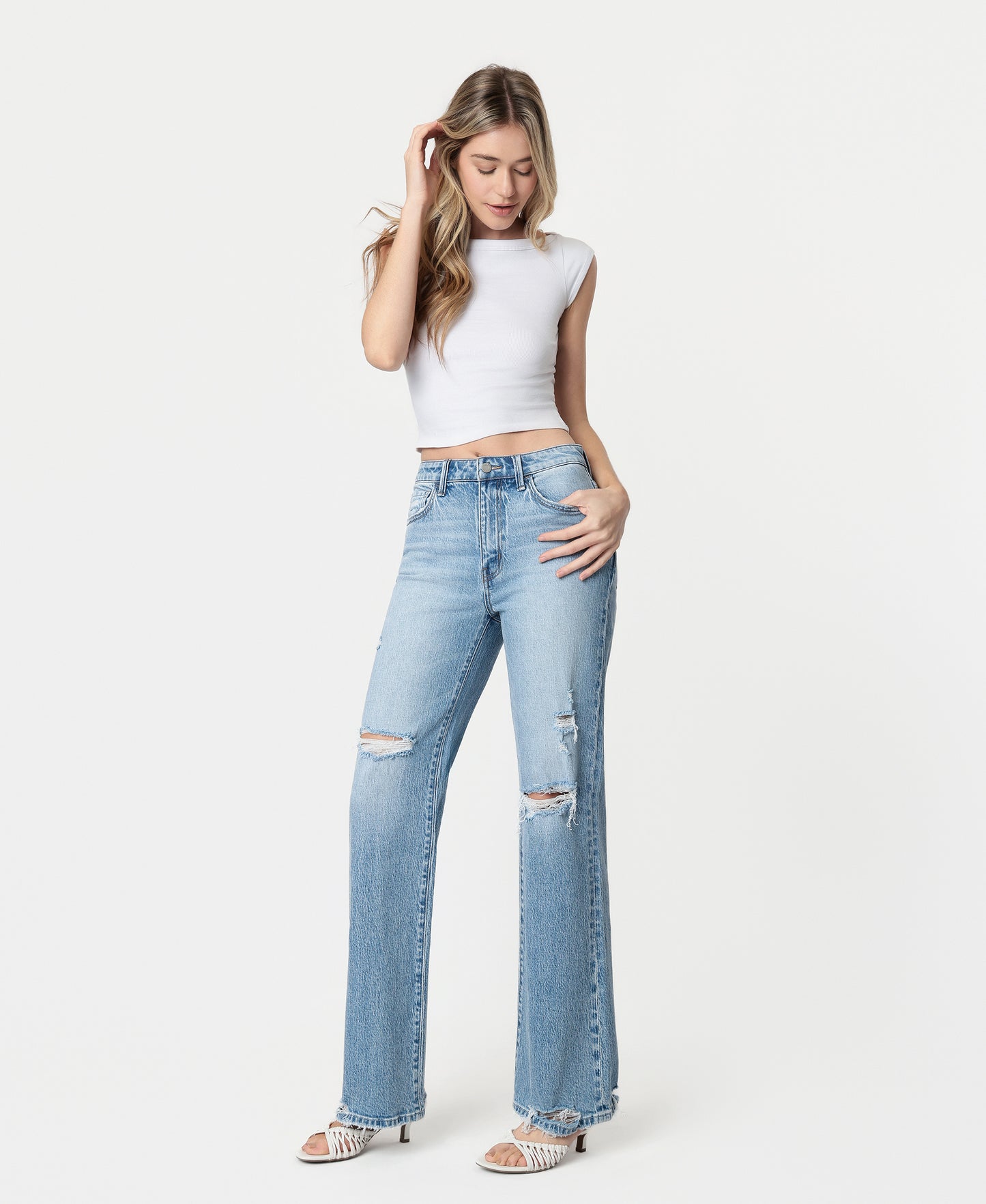 Left 45 degrees product image of Beautiful Day - Super High Rise Distressed Vintage Flare Jeans
