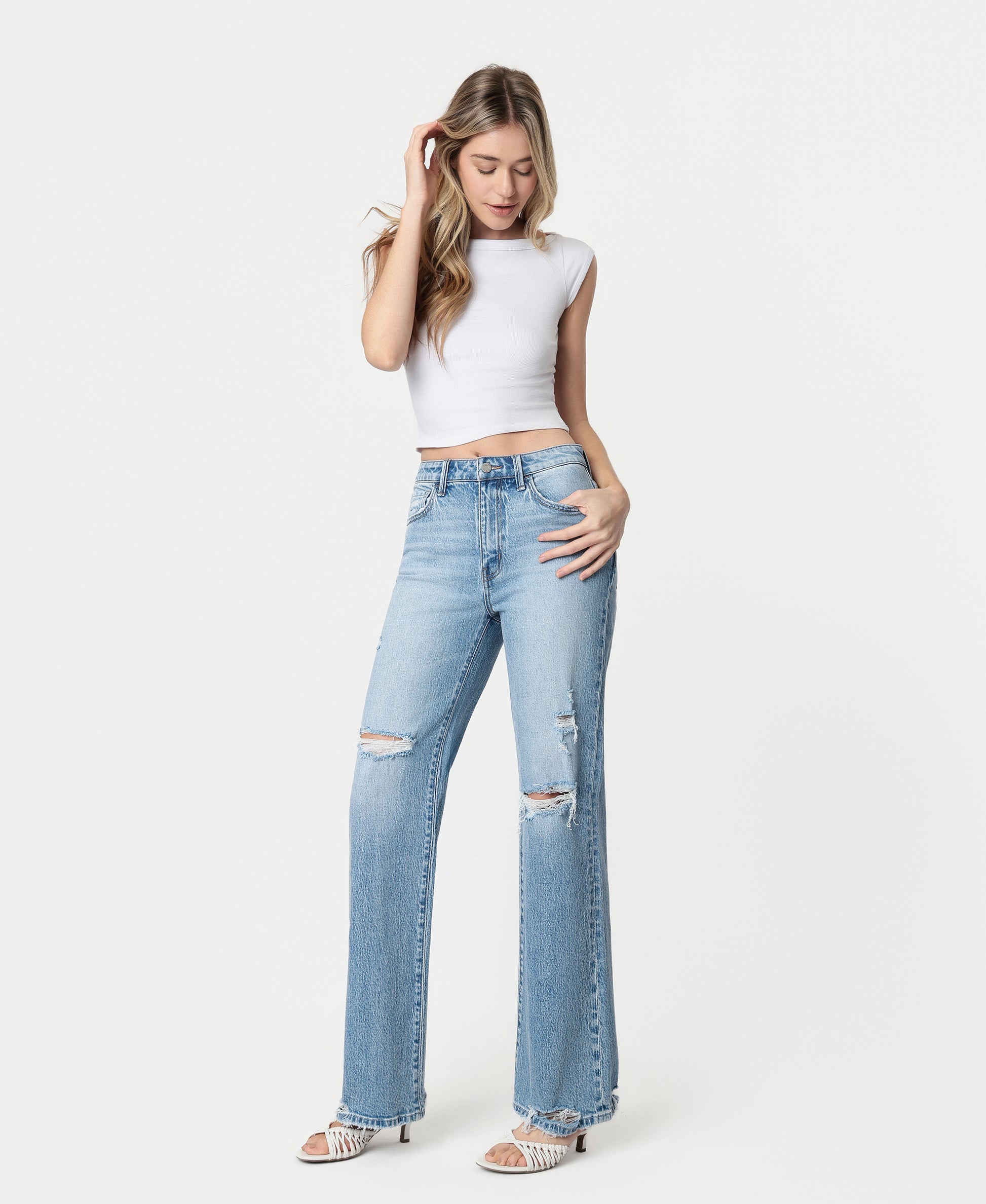 Left 45 degrees product image of Beautiful Day - Super High Rise Distressed Vintage Flare Jeans