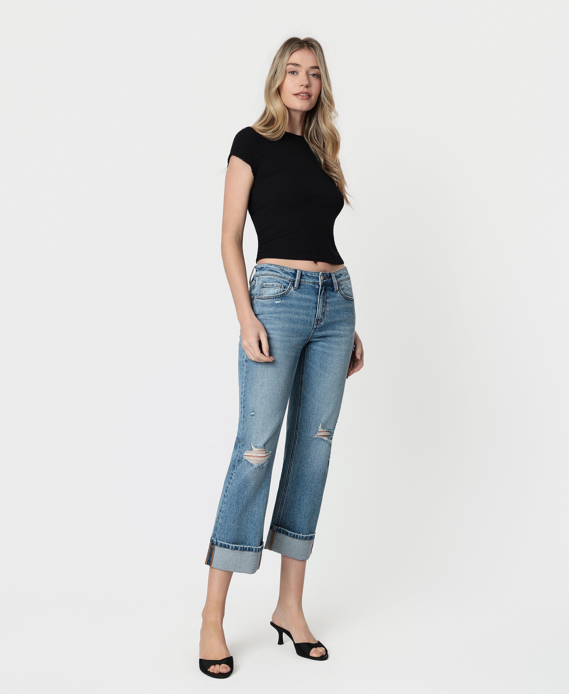 Right 45 degrees product image of Enhancement - Mid Rise Distressed Cuffed Crop Straight Jeans
