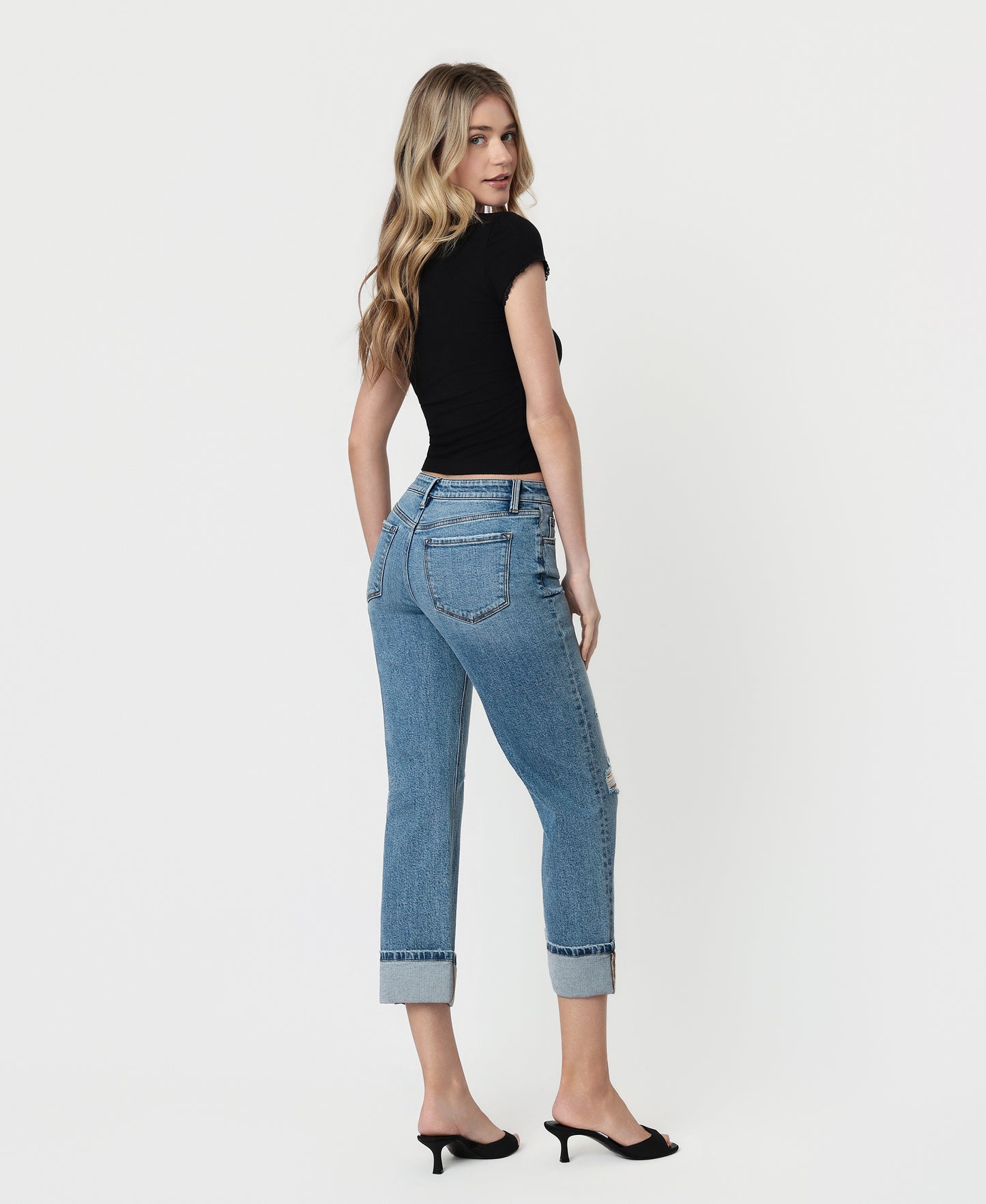 Back product images of Enhancement - Mid Rise Distressed Cuffed Crop Straight Jeans