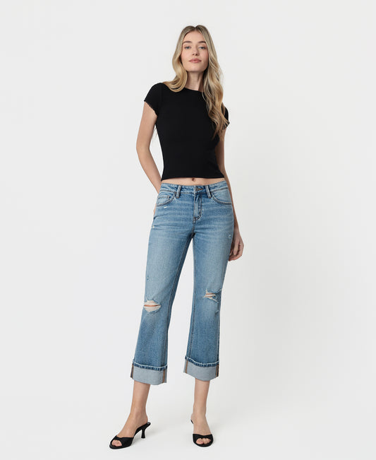Front product images of Enhancement - Mid Rise Distressed Cuffed Crop Straight Jeans