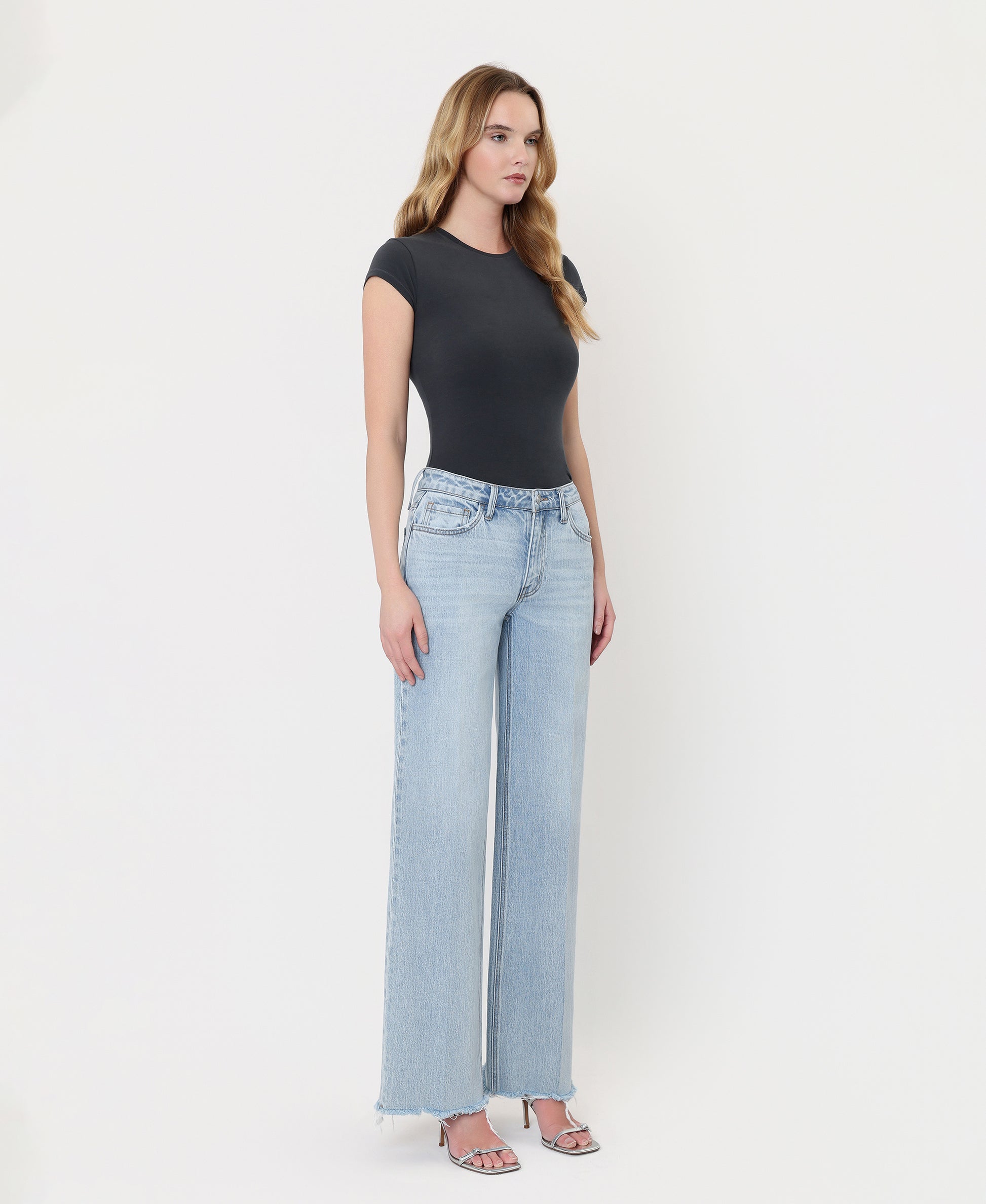Right 45 degrees product image of Comet - High Rise Trouser Fold Creased Wide Leg Jeans
