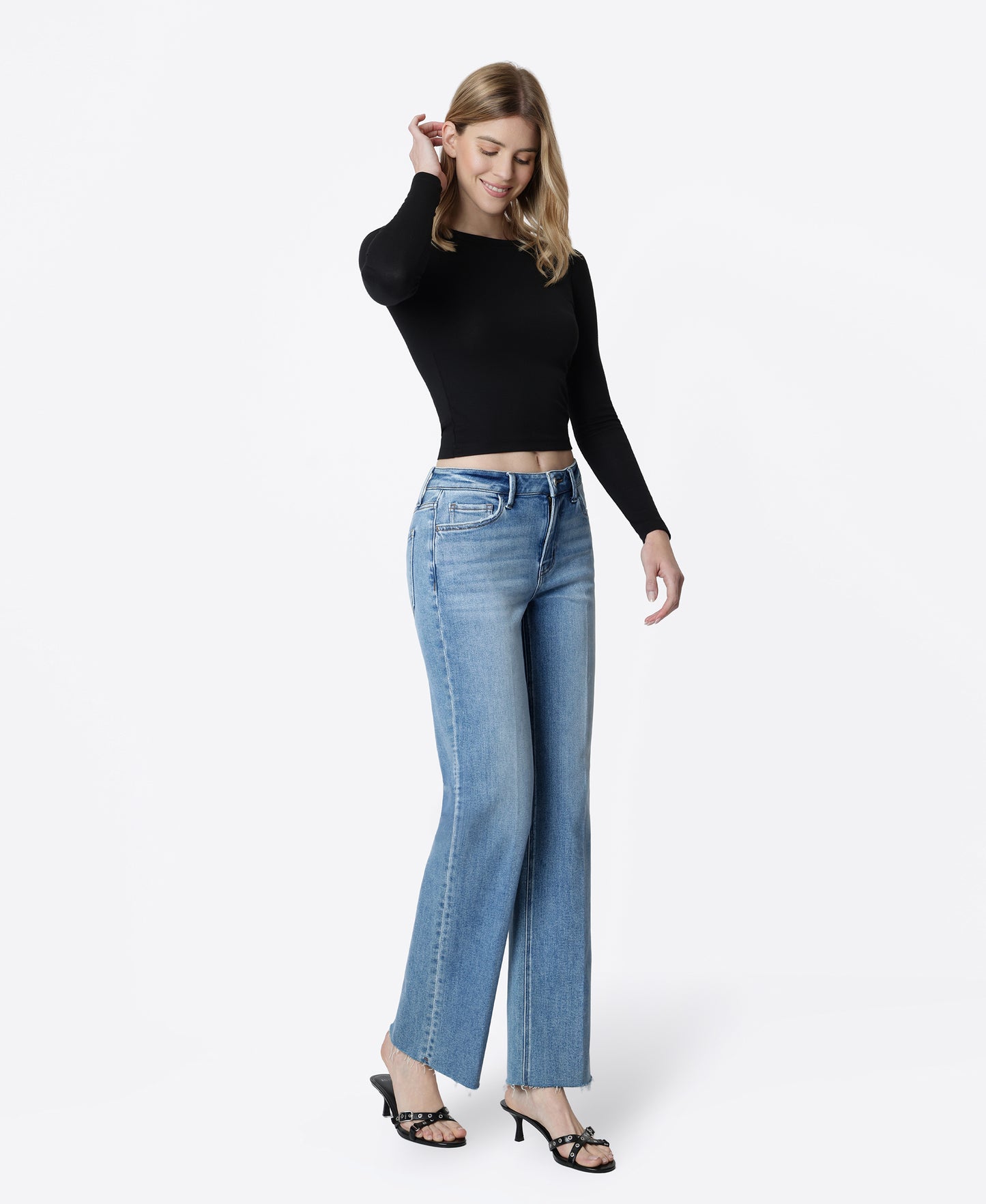Right 45 degrees product image of Gain - High Rise Raw Hem Trouser Fold Creased Slim Wide Leg Jeans
