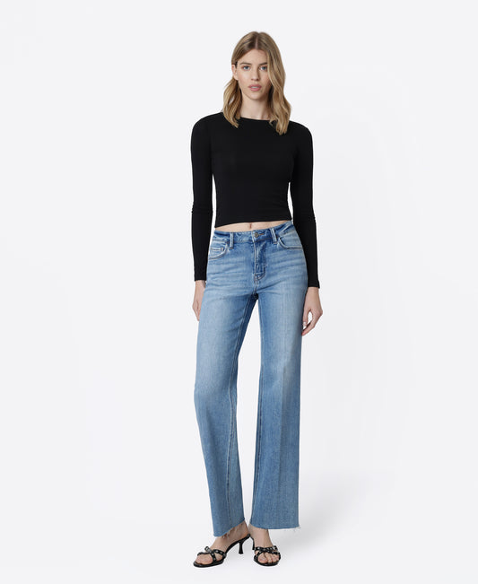 Front product images of Gain - High Rise Raw Hem Trouser Fold Creased Slim Wide Leg Jeans