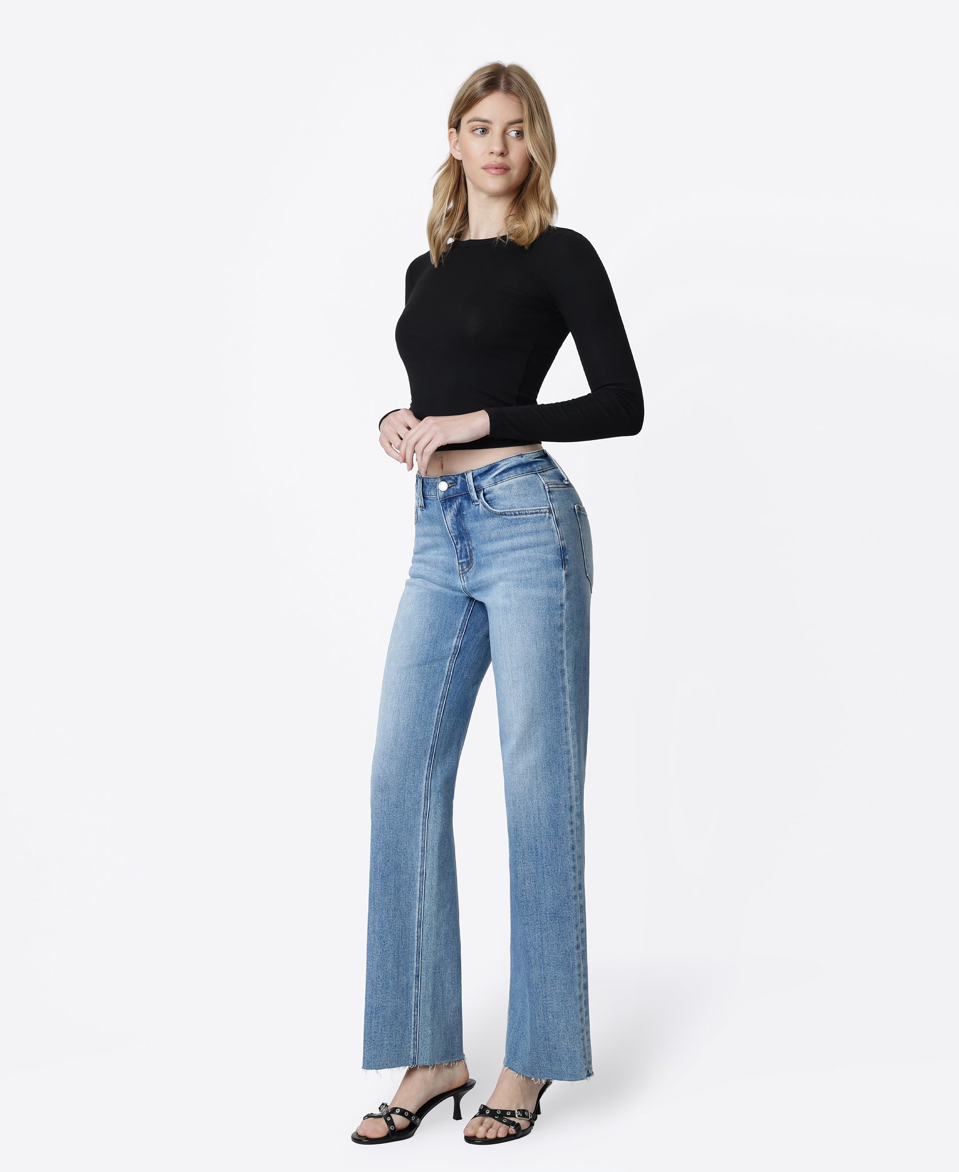 Left 45 degrees product image of Gain - High Rise Raw Hem Trouser Fold Creased Slim Wide Leg Jeans