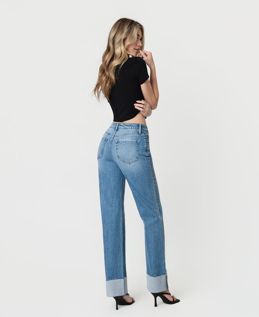 Back product images of Enhanced - High Rise Cuffed Clean Cut Raw Hem Slim Wide Leg Jeans