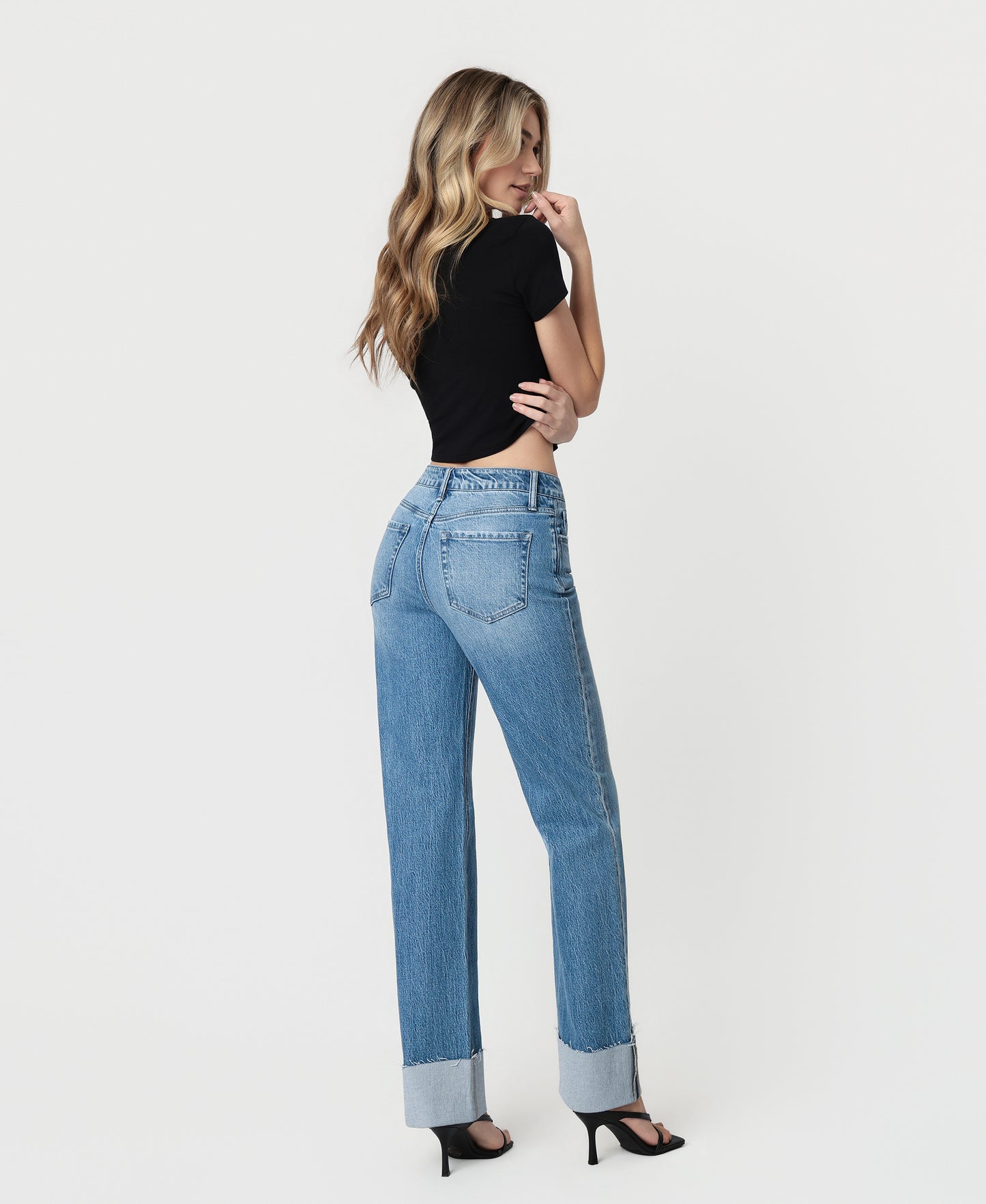 Back product images of Enhanced - High Rise Cuffed Clean Cut Raw Hem Slim Wide Leg Jeans