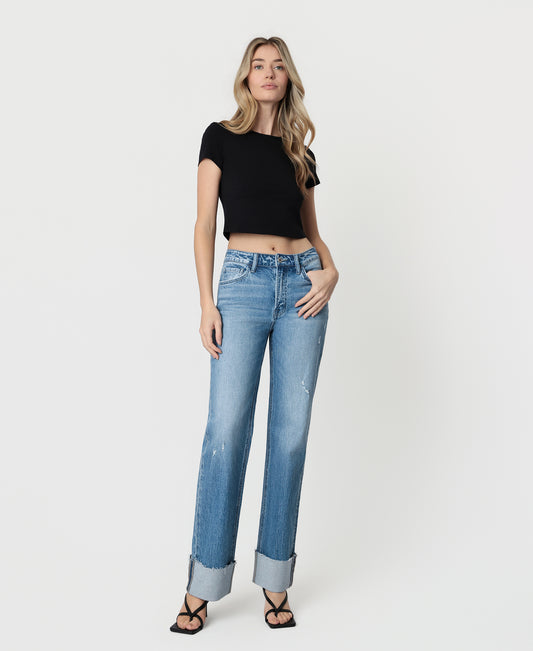 Front product images of Enhanced - High Rise Cuffed Clean Cut Raw Hem Slim Wide Leg Jeans
