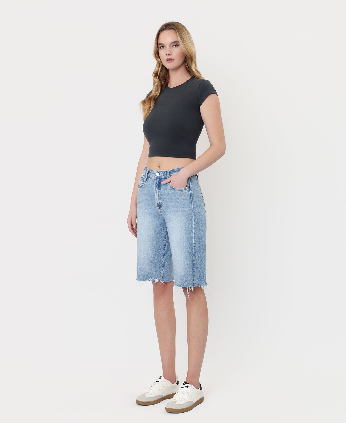 Left 45 degrees product image of Conciliate - Super High Rise Side Seam Denim Jorts