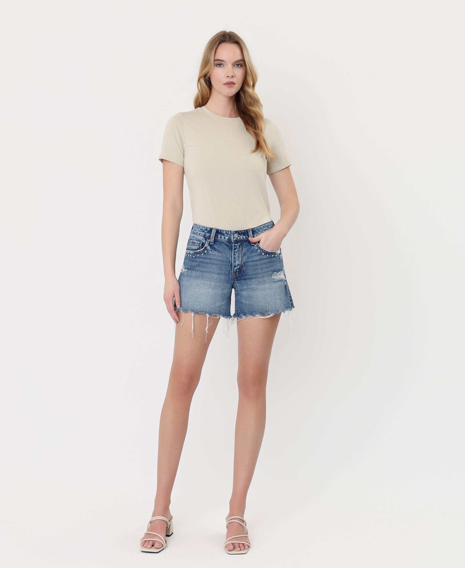 Front product images of Beaming - Mid Rise Studded Pocket A Line Denim Shorts