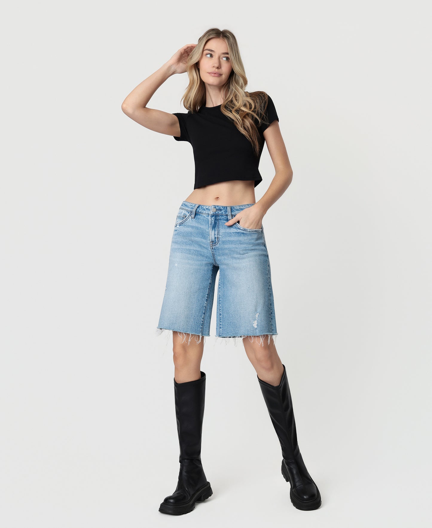 Front product images of Jubiliant - Mid Rise Distressed Raw Hem Denim Jorts