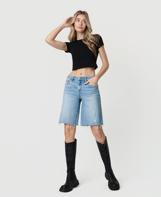 Front product images of Jubiliant - Mid Rise Distressed Raw Hem Denim Jorts