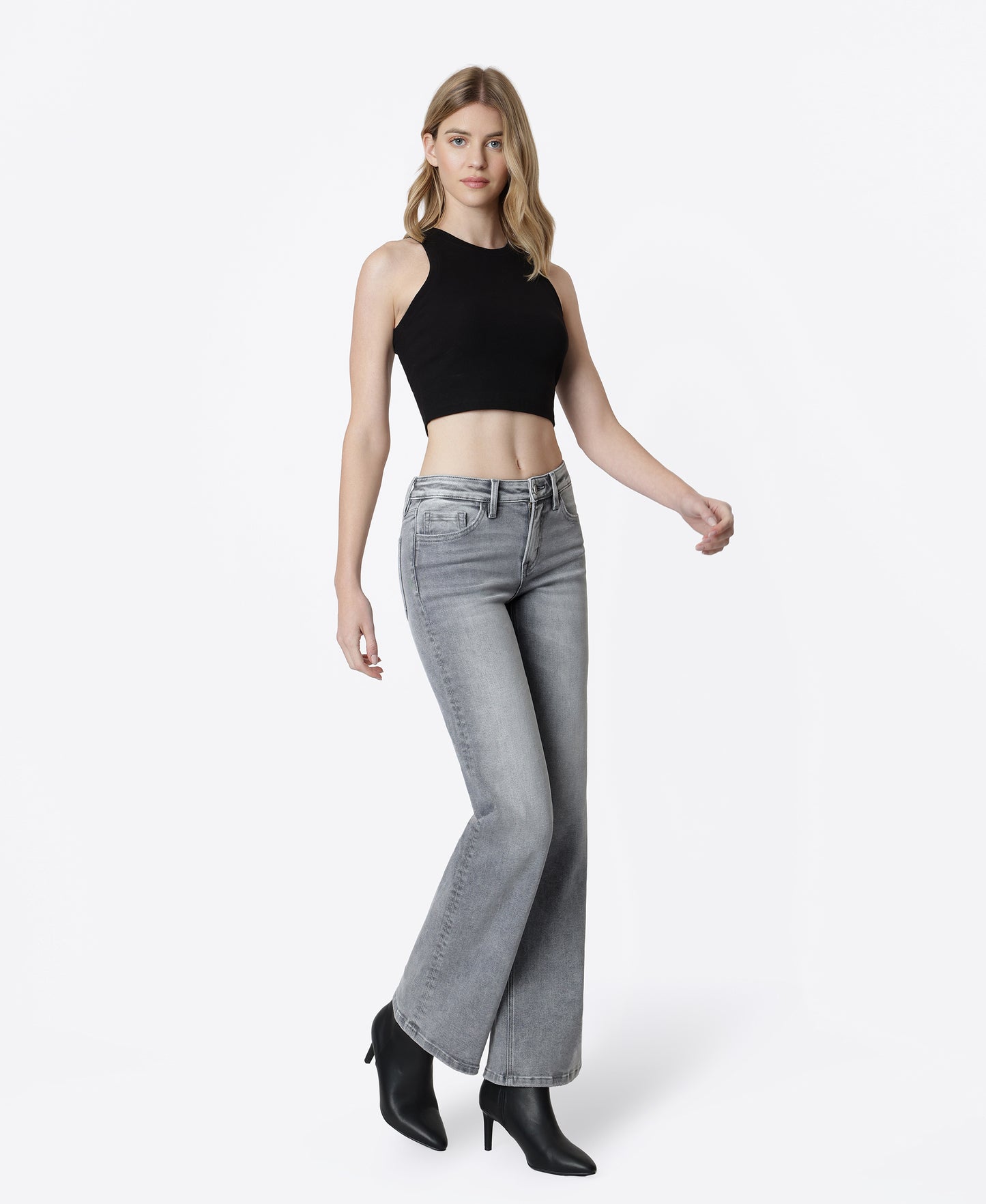 Right 45 degrees product image of Grey - Mid Rise Full Length Vintage Flare Jeans
