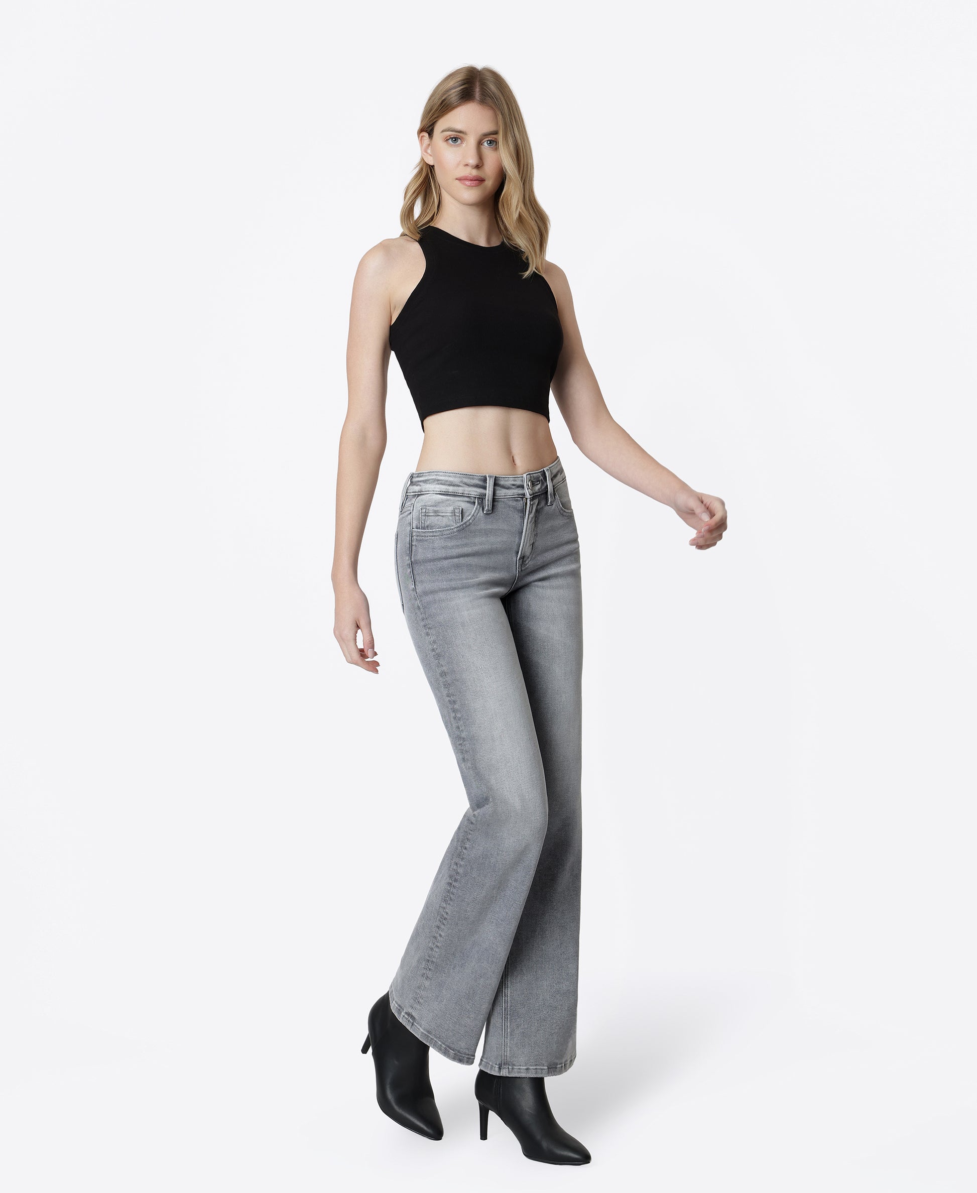 Right 45 degrees product image of Grey - Mid Rise Full Length Vintage Flare Jeans