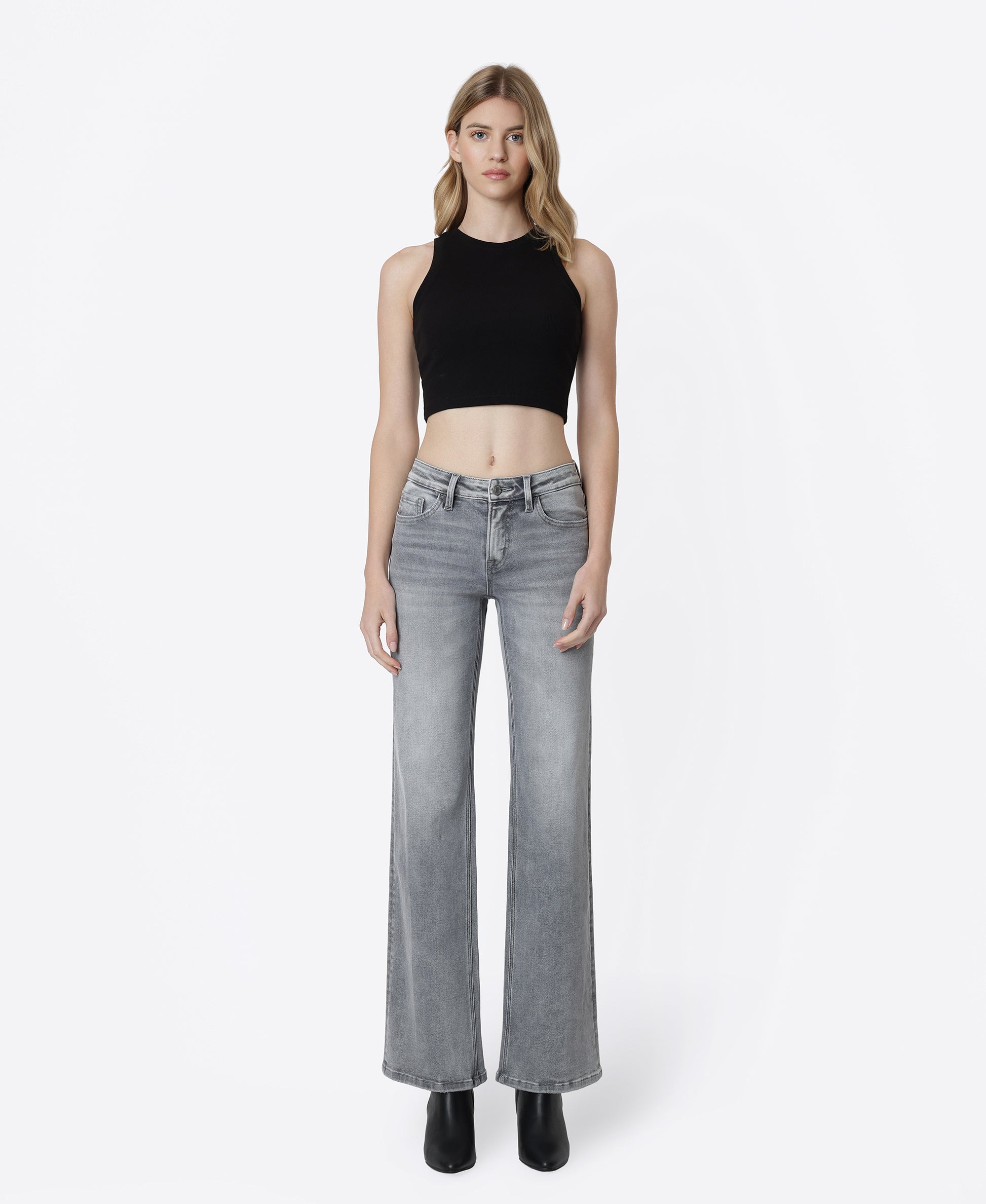 Front product images of Grey - Mid Rise Full Length Vintage Flare Jeans