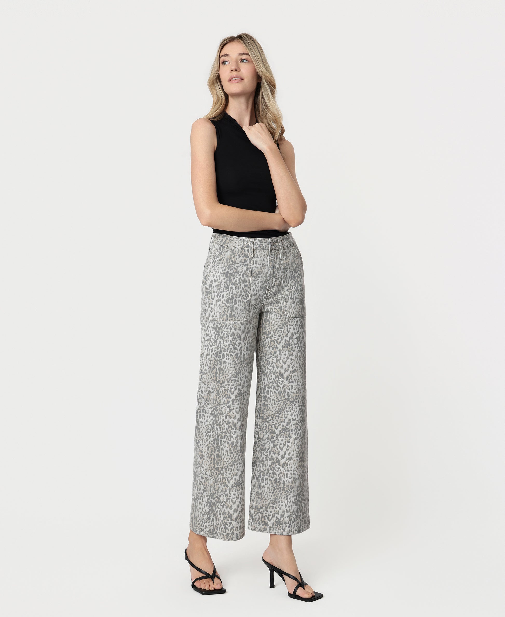 Right 45 degrees product image of Leopard - High Rise Patch Pocket Baggy Wide Leg Jeans