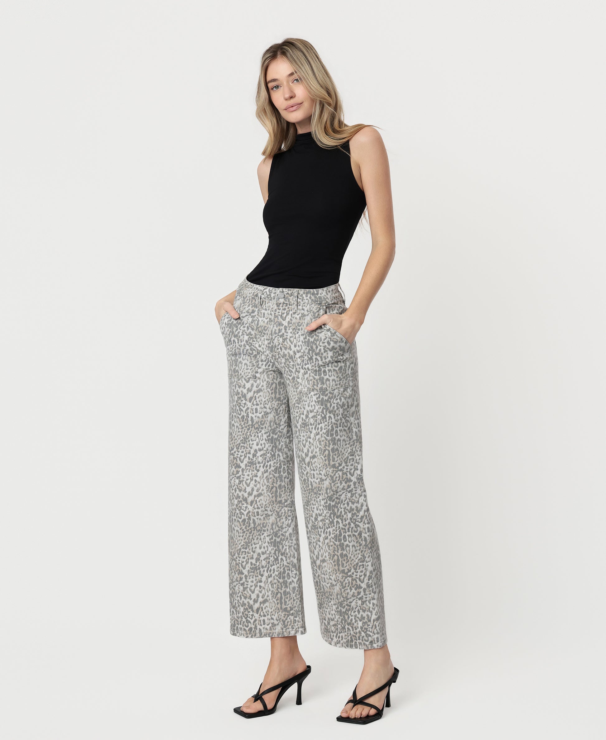 Left 45 degrees product image of Leopard - High Rise Patch Pocket Baggy Wide Leg Jeans