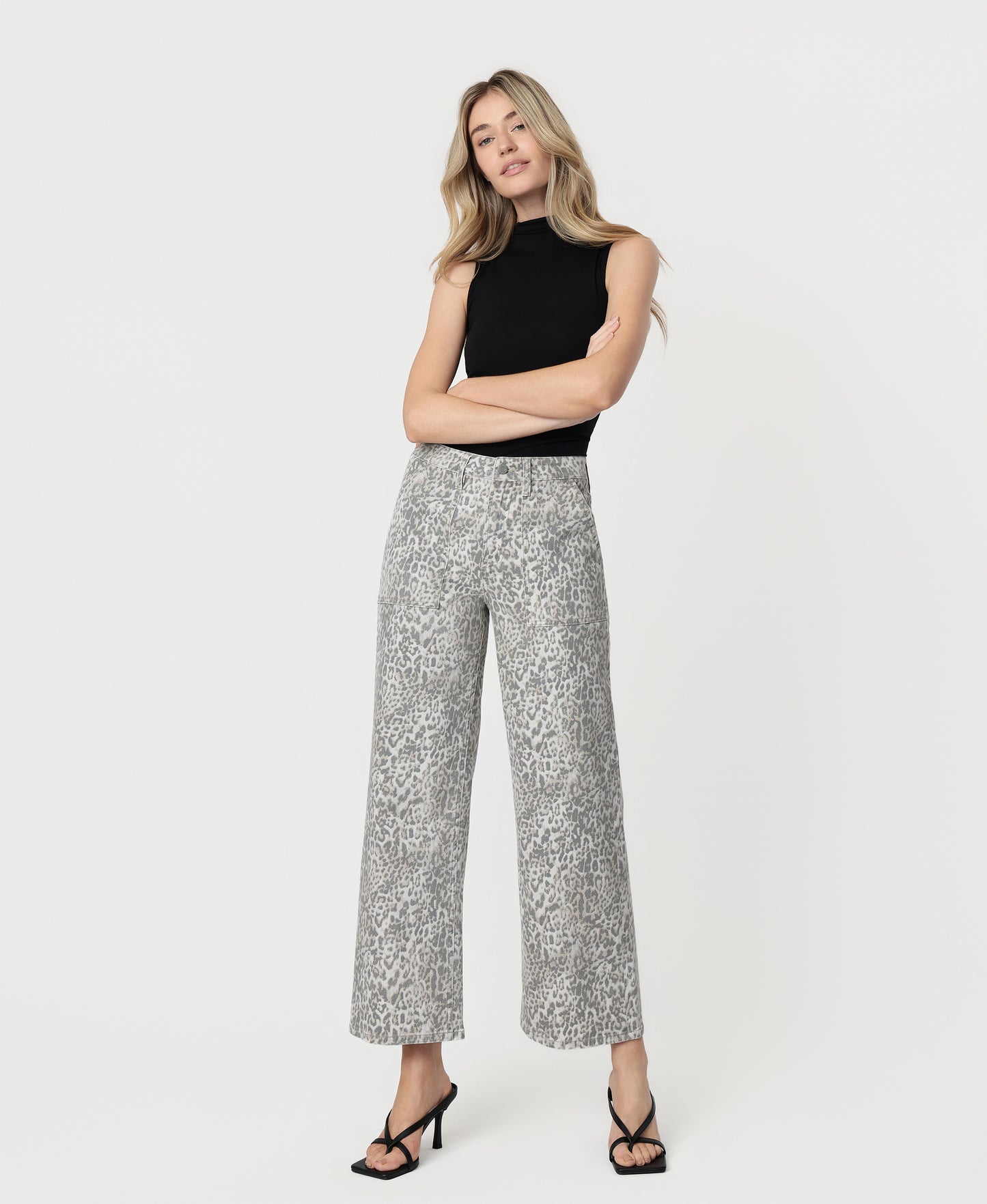 Front product images of Leopard - High Rise Patch Pocket Baggy Wide Leg Jeans