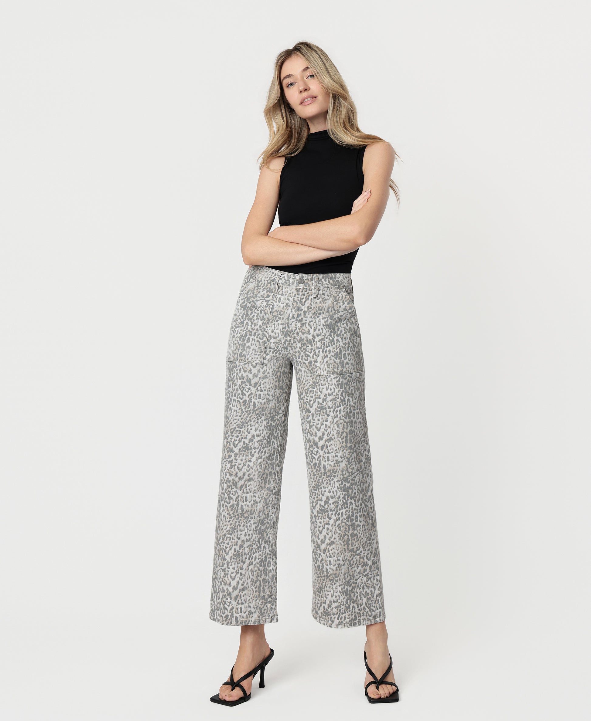 Front product images of Leopard - High Rise Patch Pocket Baggy Wide Leg Jeans