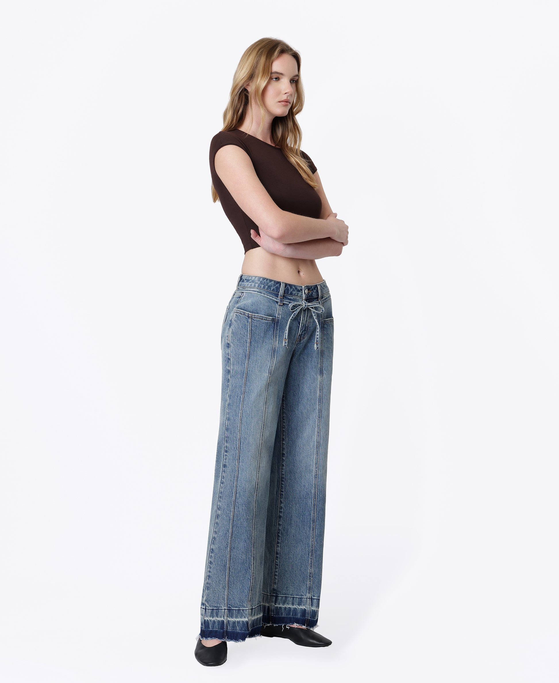 Right 45 degrees product image of Ojai - Mid Rise Waist Tie Paneled Seam Tinted Wide Leg Jeans