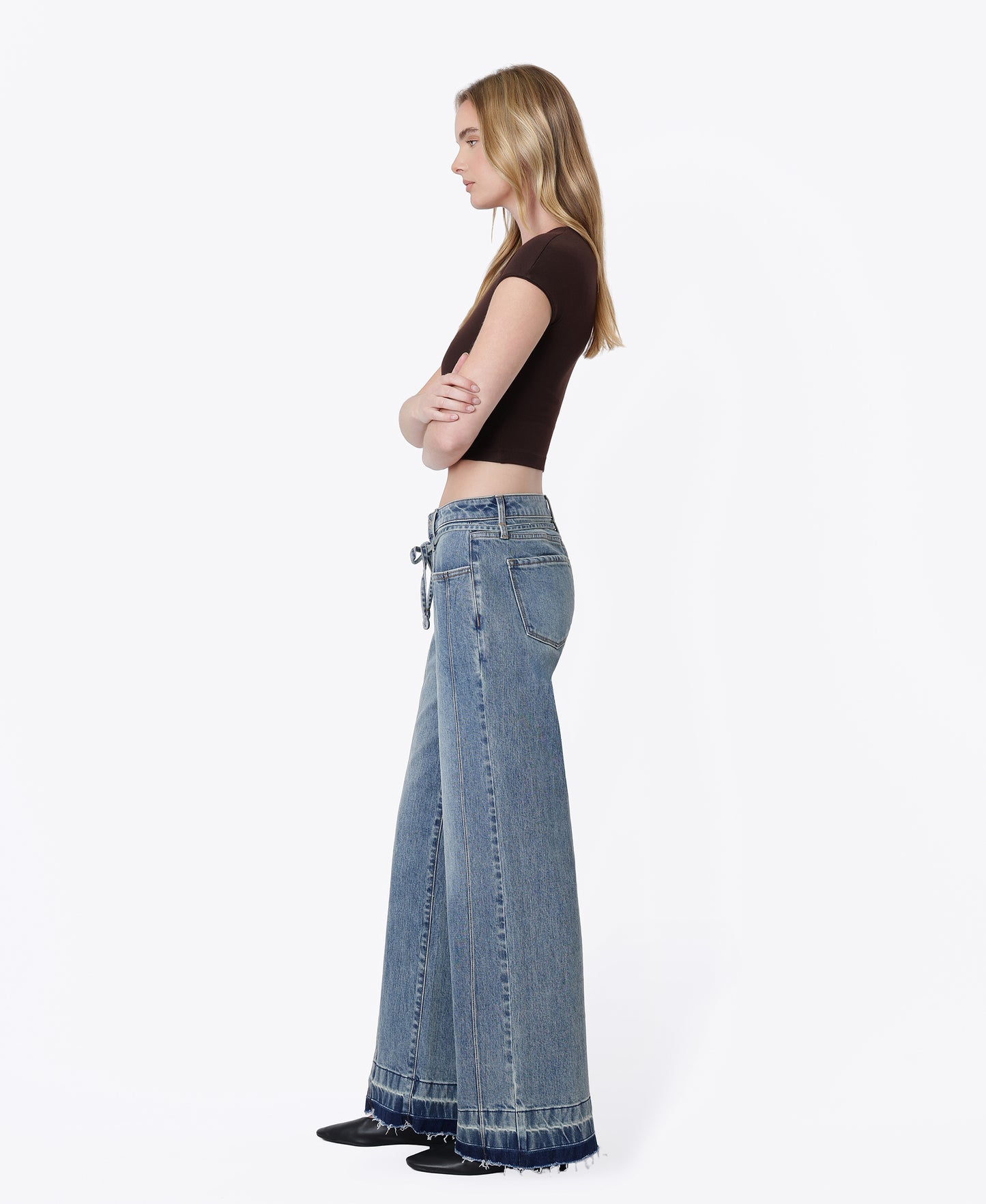 Left side product images of Ojai - Mid Rise Waist Tie Paneled Seam Tinted Wide Leg Jeans