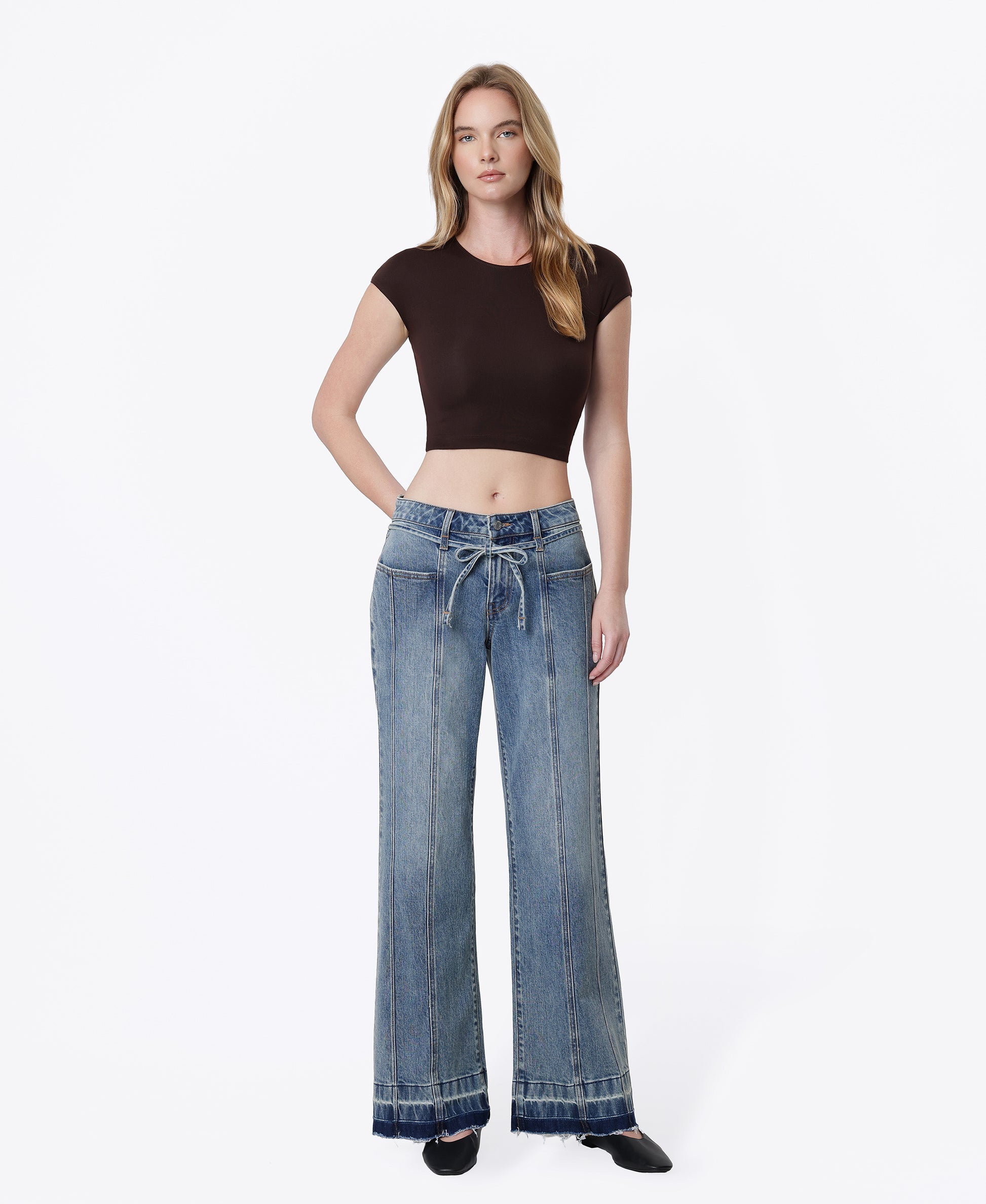 Front product images of Ojai - Mid Rise Waist Tie Paneled Seam Tinted Wide Leg Jeans