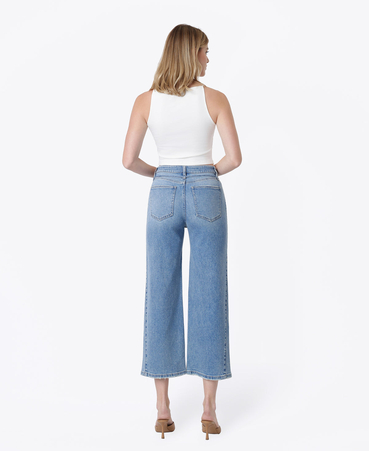 Back product images of On The Blue - Super High Rise Seam Detail Self Strap Crop Wide Leg Jeans