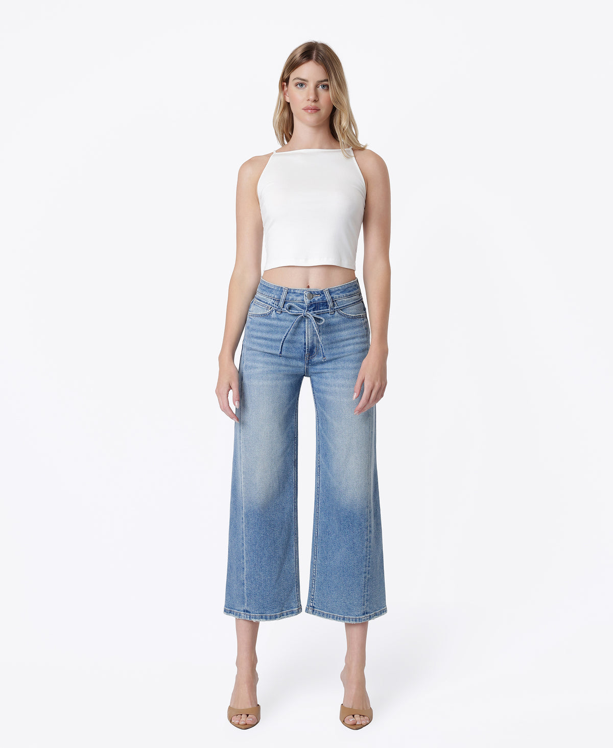 Front product images of On The Blue - Super High Rise Seam Detail Self Strap Crop Wide Leg Jeans
