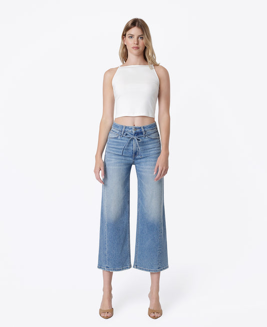 Front product images of On The Blue - Super High Rise Seam Detail Self Strap Crop Wide Leg Jeans