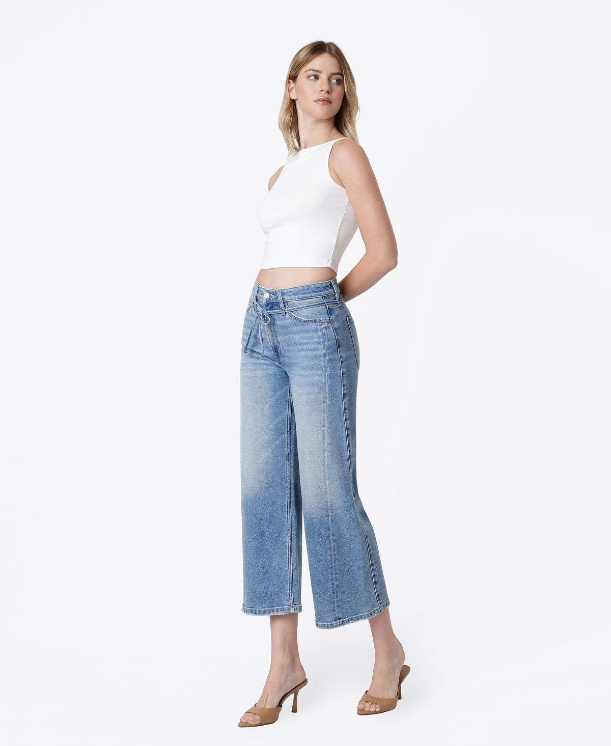 Left 45 degrees product image of On The Blue - Super High Rise Seam Detail Self Strap Crop Wide Leg Jeans
